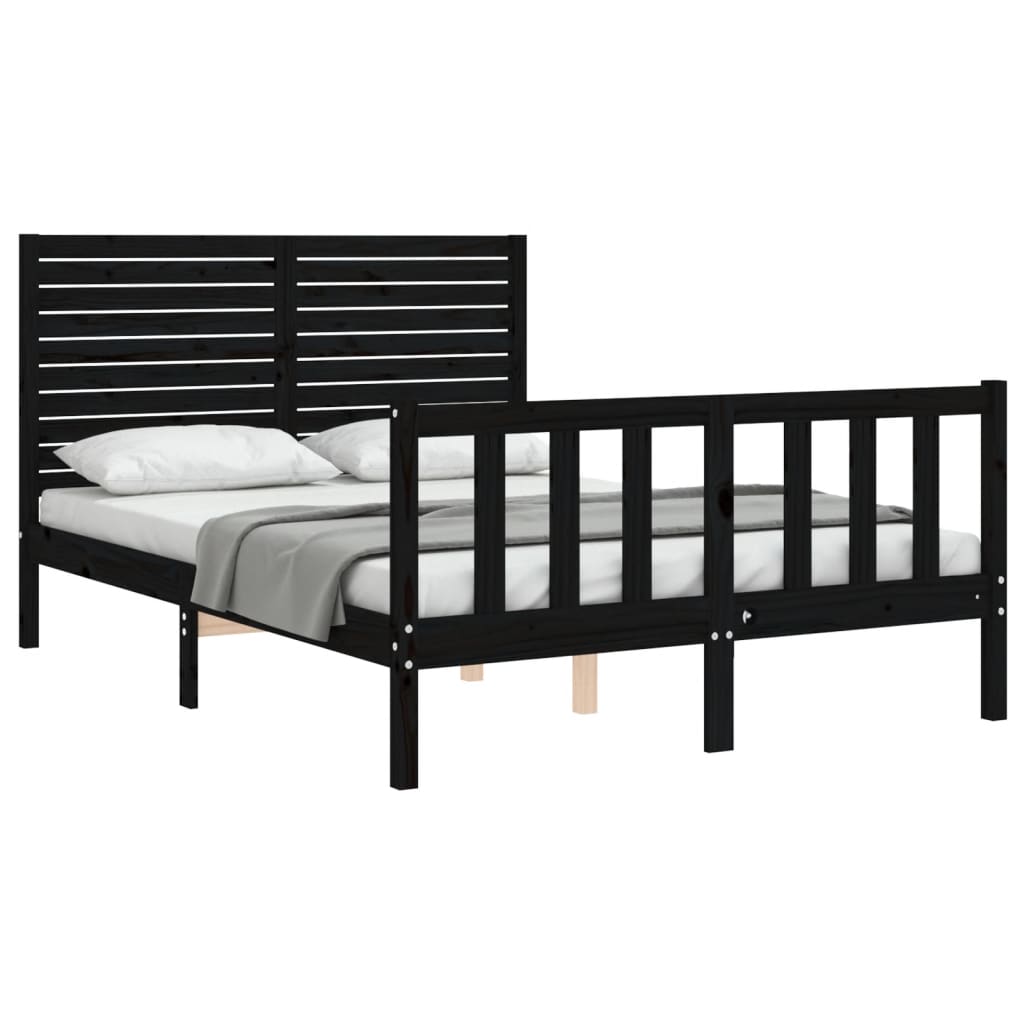 vidaXL Estructura cama de matrimonio con cabecero madera maciza negro