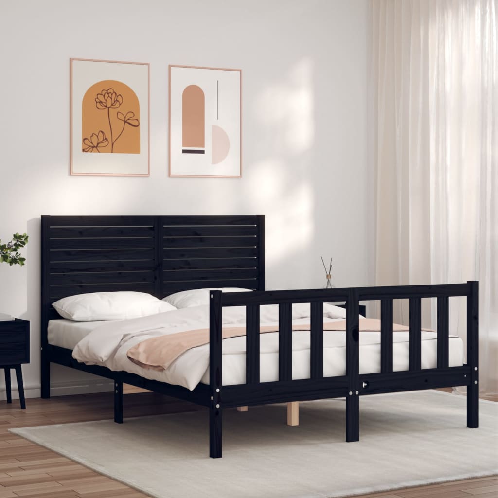 vidaXL Estructura cama de matrimonio con cabecero madera maciza negro