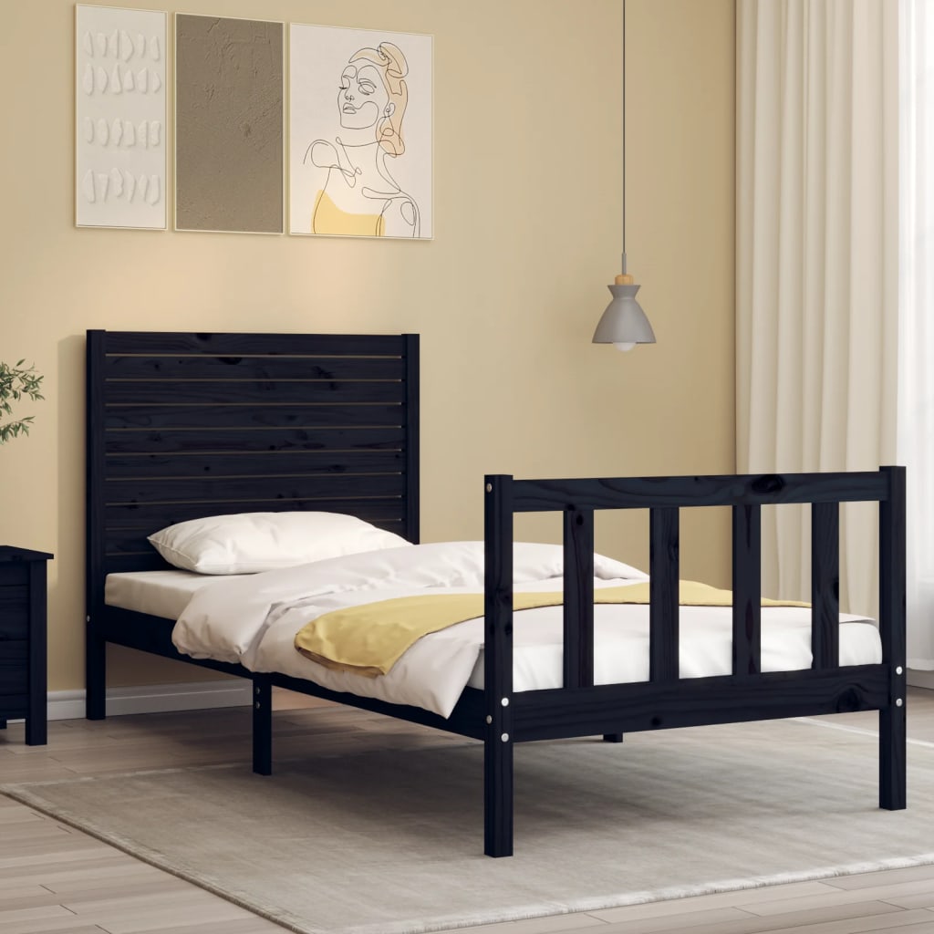 vidaXL Estructura de cama con cabecero madera maciza negro 90x200 cm