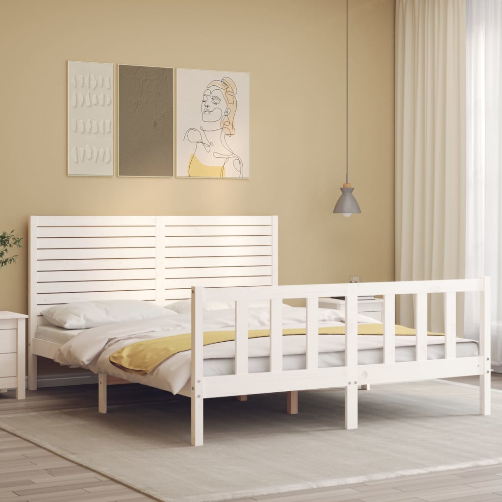 vidaXL Estructura de cama matrimonio con cabecero madera maciza blanco