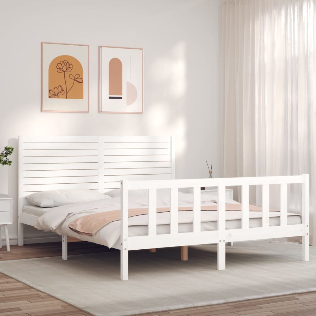 vidaXL Estructura de cama matrimonio con cabecero madera maciza blanco