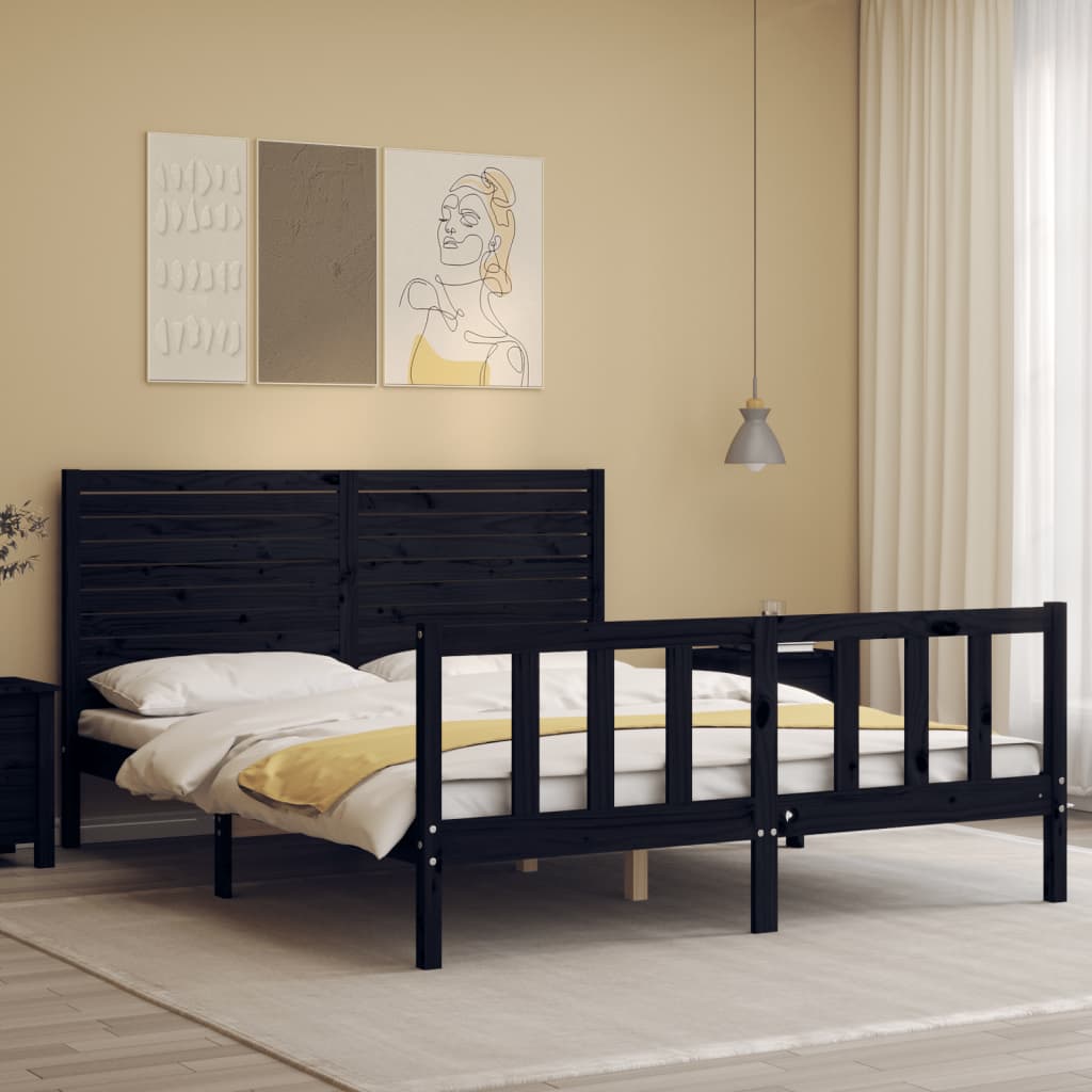 vidaXL Estructura cama de matrimonio con cabecero madera maciza negro