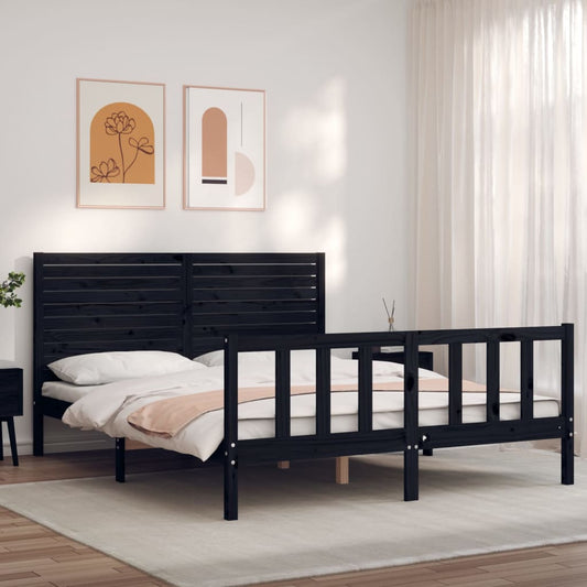 vidaXL Estructura cama de matrimonio con cabecero madera maciza negro