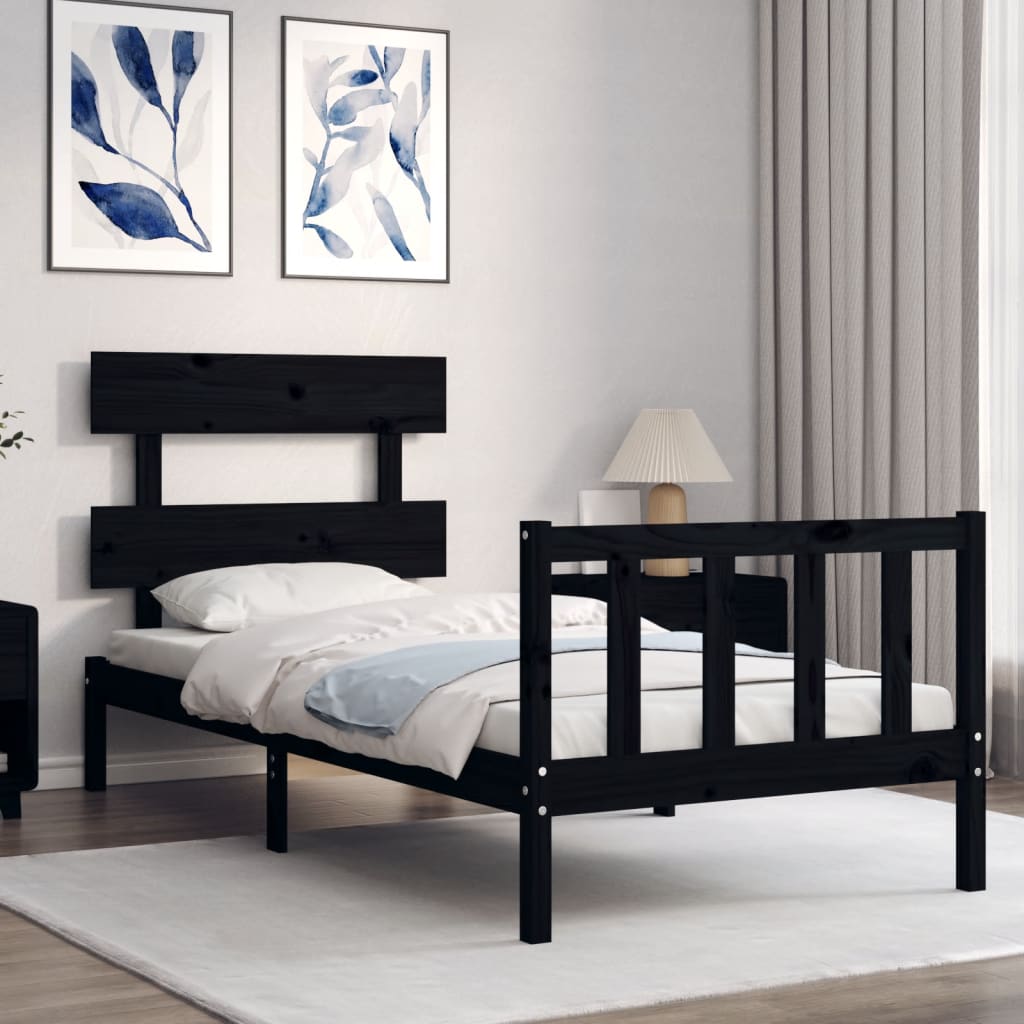 vidaXL Estructura de cama individual con cabecero madera maciza negro