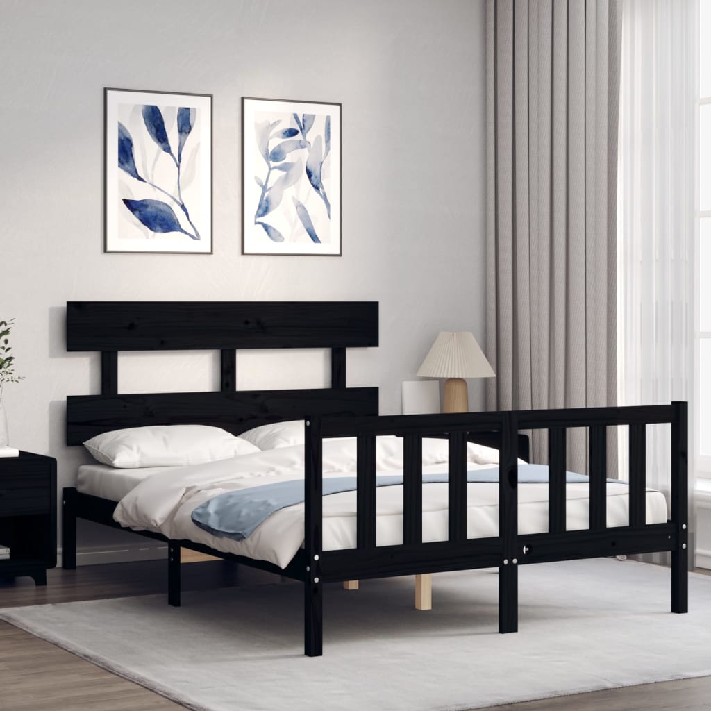 vidaXL Estructura de cama con cabecero madera maciza negro 140x190 cm