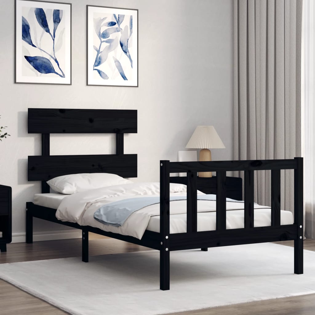 vidaXL Estructura de cama con cabecero madera maciza negro 90x200 cm