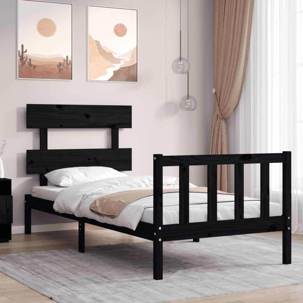 vidaXL Estructura de cama con cabecero madera maciza negro 90x200 cm