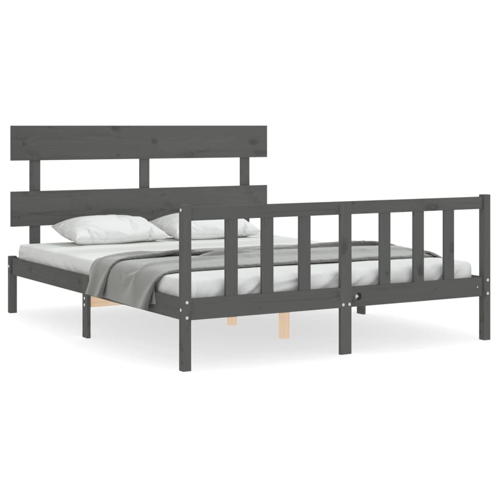 vidaXL Estructura de cama matrimonio con cabecero madera maciza gris