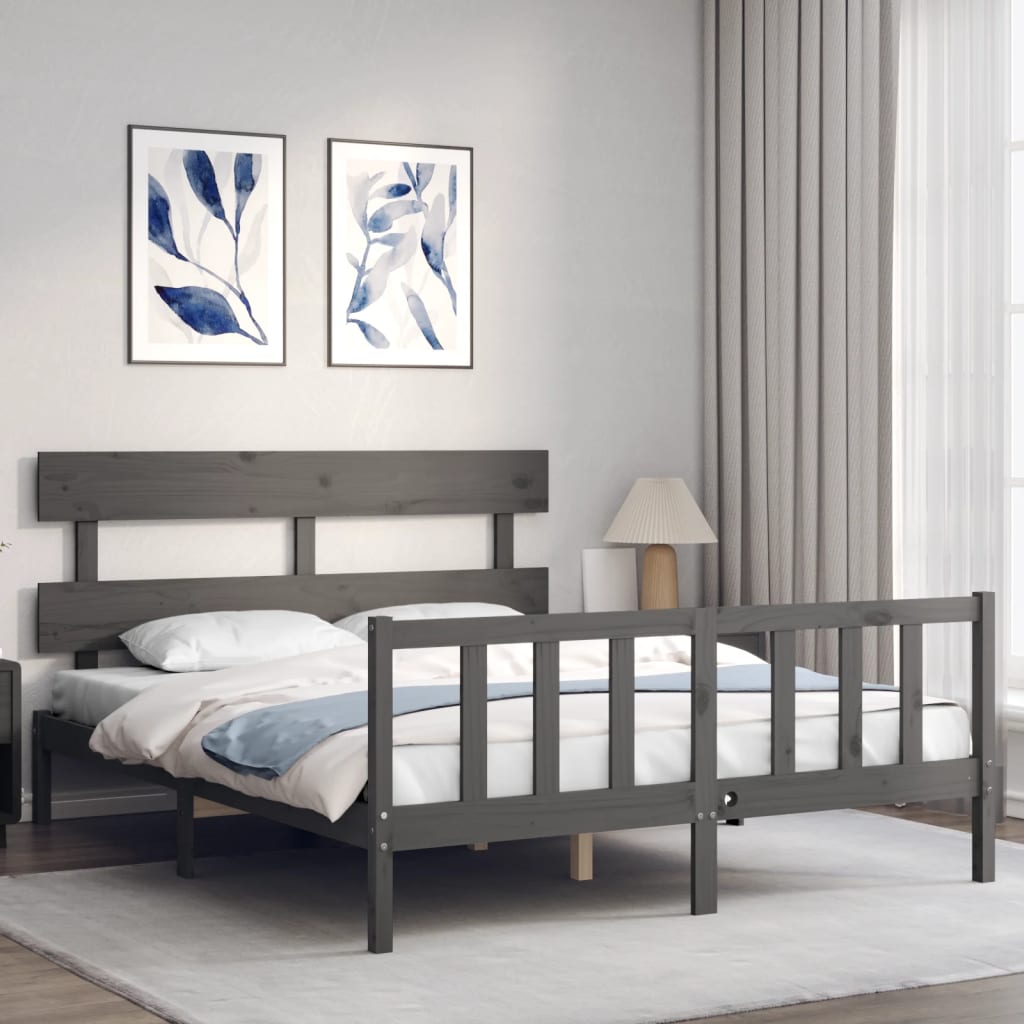 vidaXL Estructura de cama matrimonio con cabecero madera maciza gris