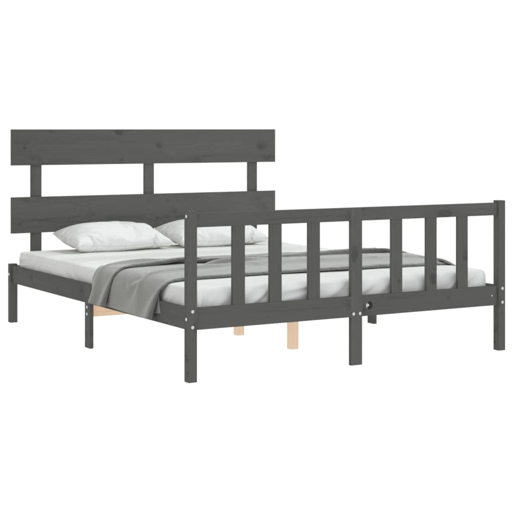 vidaXL Estructura de cama matrimonio con cabecero madera maciza gris