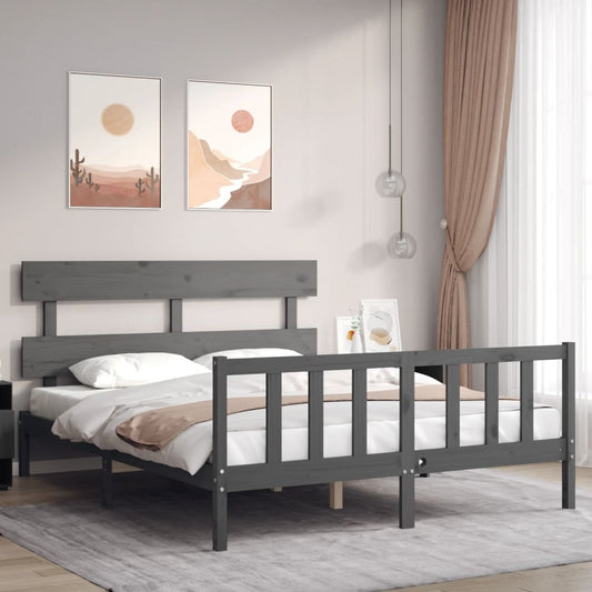 vidaXL Estructura de cama matrimonio con cabecero madera maciza gris