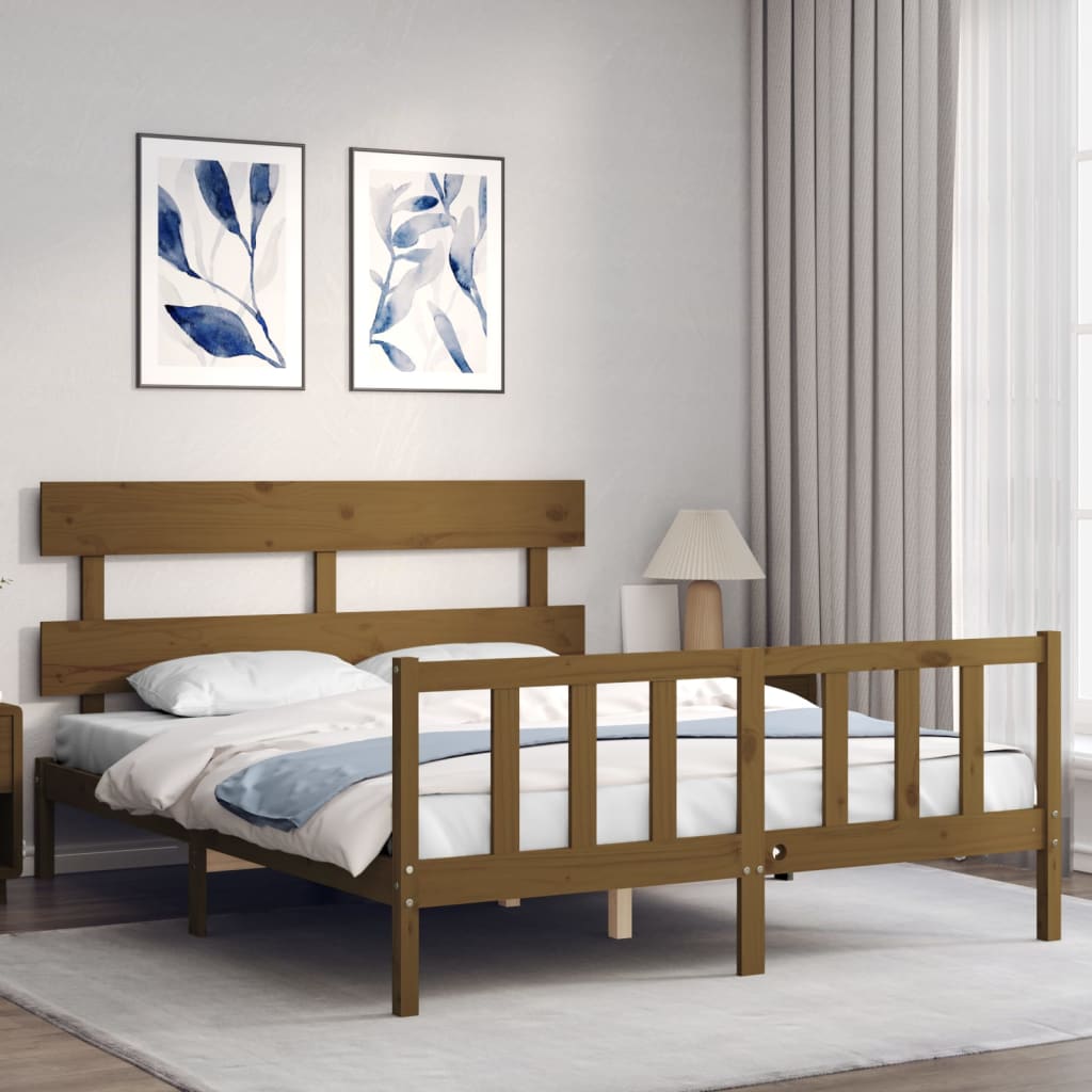 vidaXL Estructura de cama matrimonio con cabecero madera marrón miel