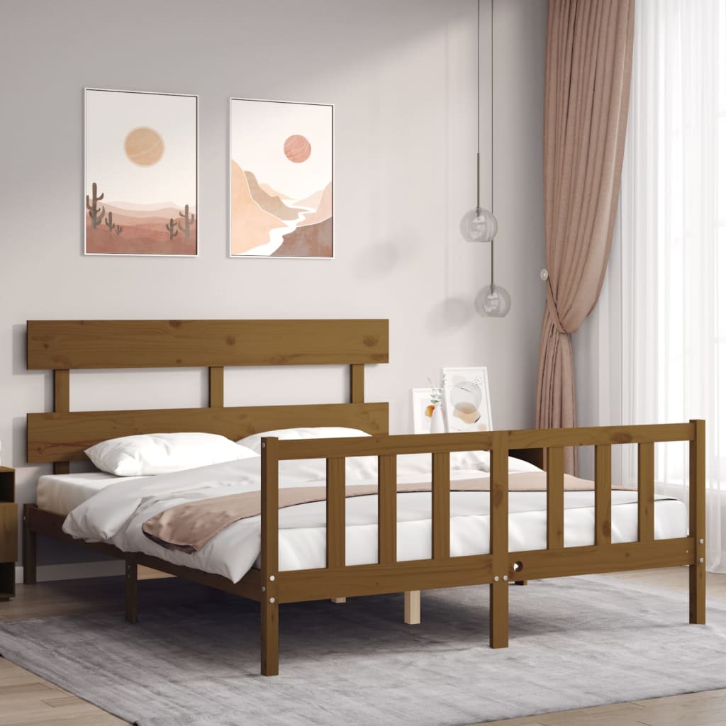 vidaXL Estructura de cama matrimonio con cabecero madera marrón miel