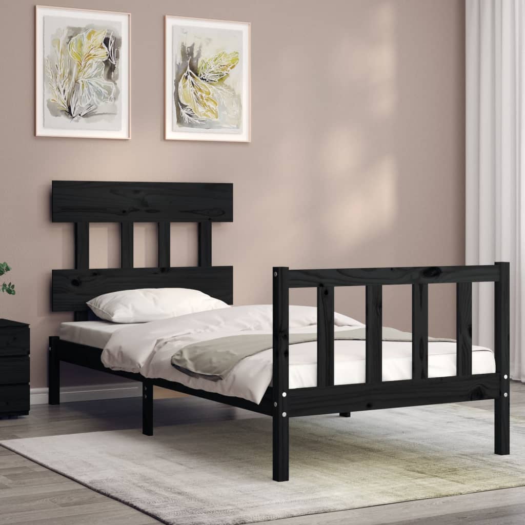 vidaXL Estructura de cama individual con cabecero madera maciza negro