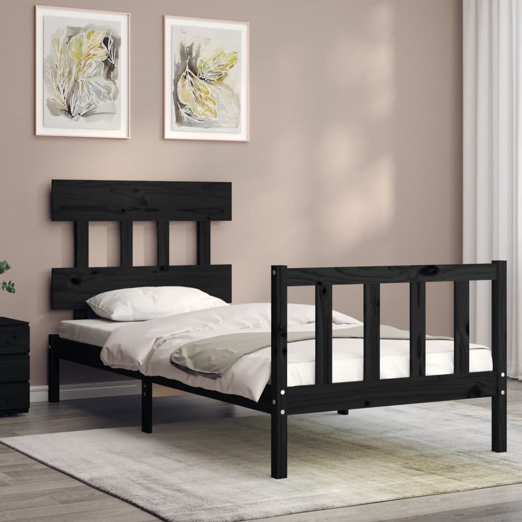 vidaXL Estructura de cama con cabecero madera maciza negro 90x200 cm