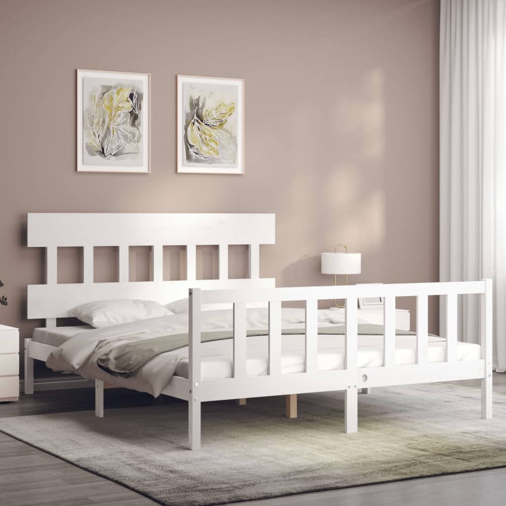 vidaXL Estructura de cama matrimonio con cabecero madera maciza blanco