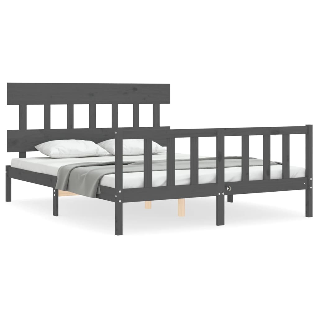 vidaXL Estructura de cama matrimonio con cabecero madera maciza gris