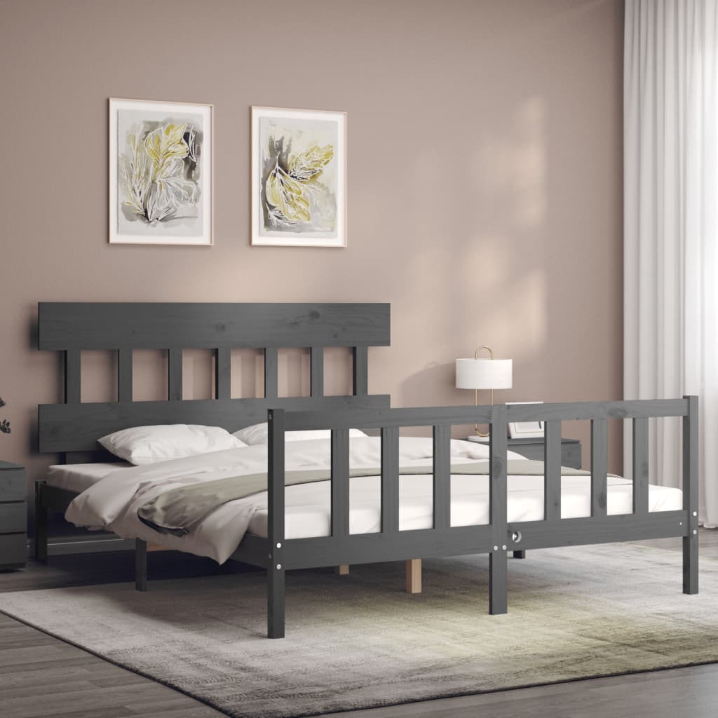 vidaXL Estructura de cama matrimonio con cabecero madera maciza gris