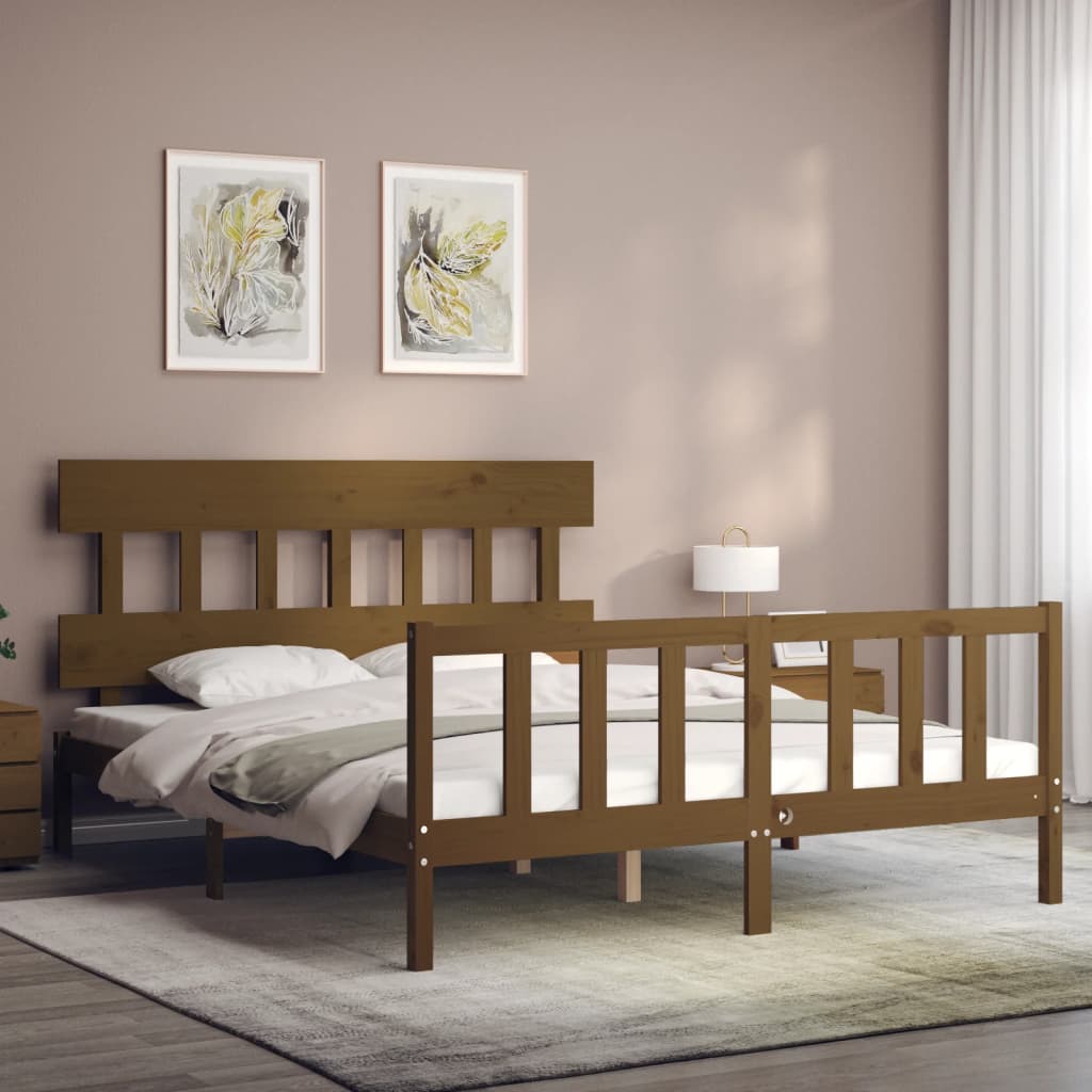 vidaXL Estructura de cama matrimonio con cabecero madera marrón miel