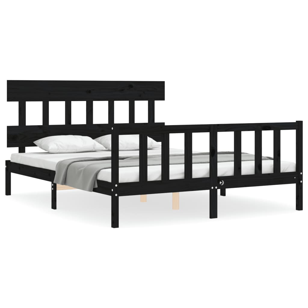 vidaXL Estructura cama de matrimonio con cabecero madera maciza negro