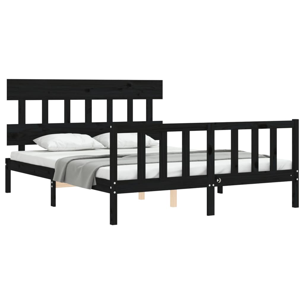 vidaXL Estructura cama de matrimonio con cabecero madera maciza negro