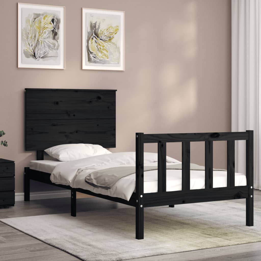 vidaXL Estructura de cama individual con cabecero madera maciza negro