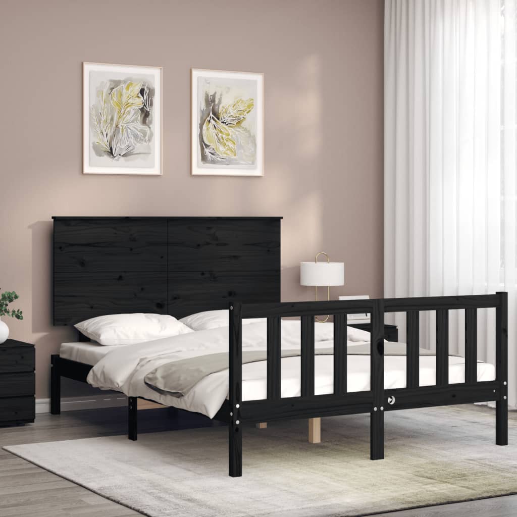 vidaXL Estructura de cama con cabecero madera maciza negro 140x190 cm