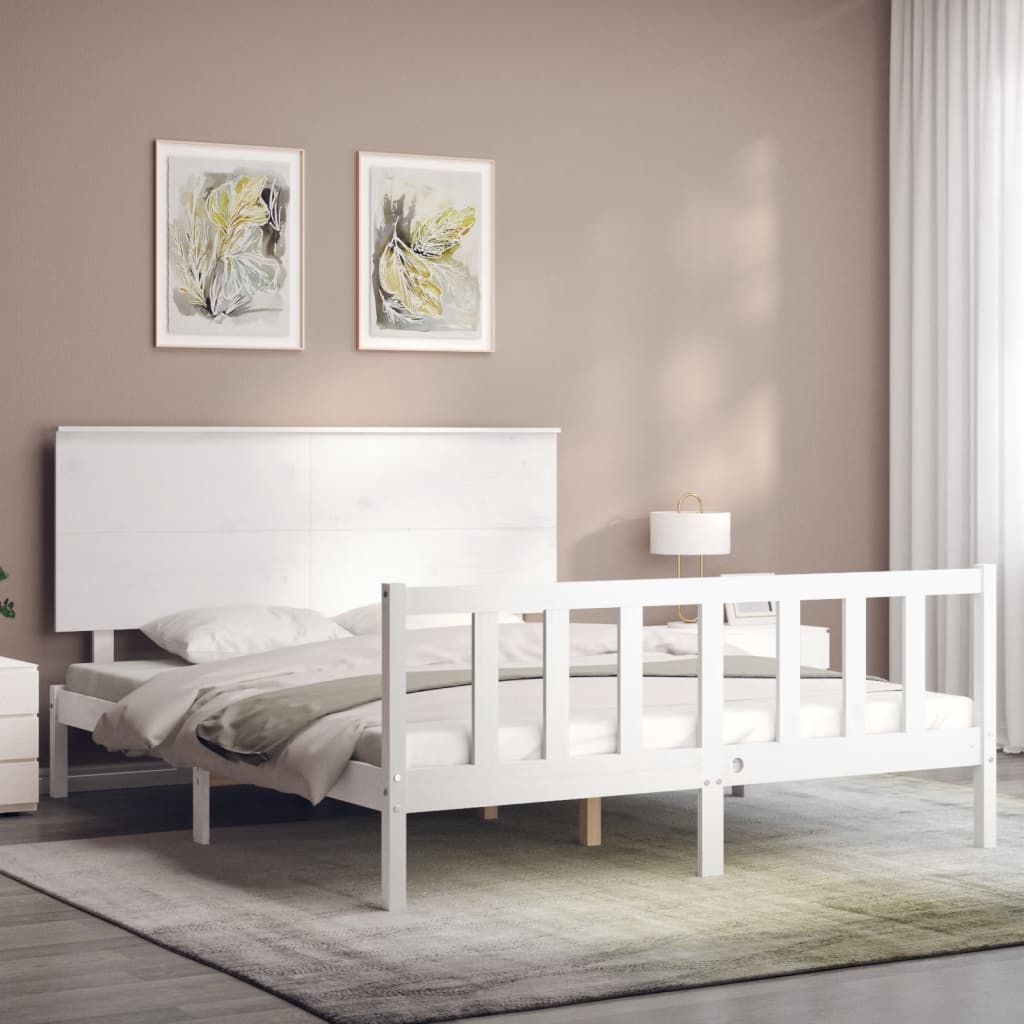 vidaXL Estructura de cama matrimonio con cabecero madera maciza blanco