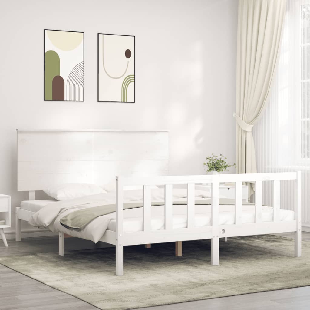 vidaXL Estructura de cama matrimonio con cabecero madera maciza blanco