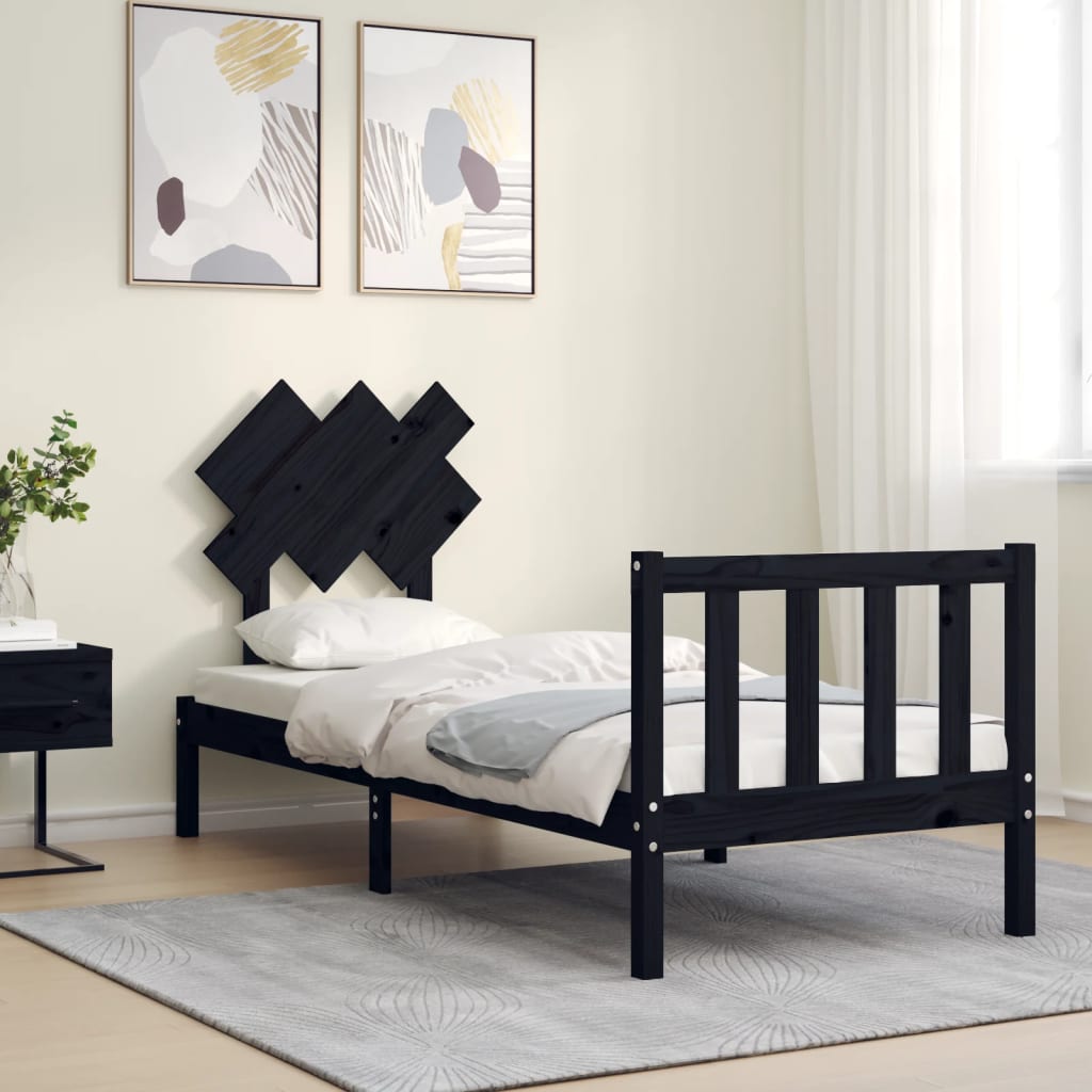 vidaXL Estructura de cama individual con cabecero madera maciza negro