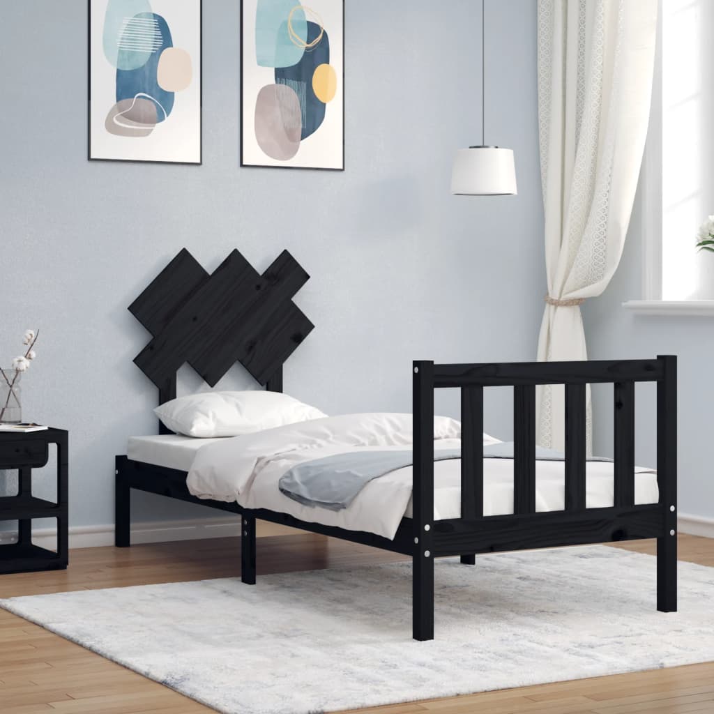 vidaXL Estructura de cama individual con cabecero madera maciza negro