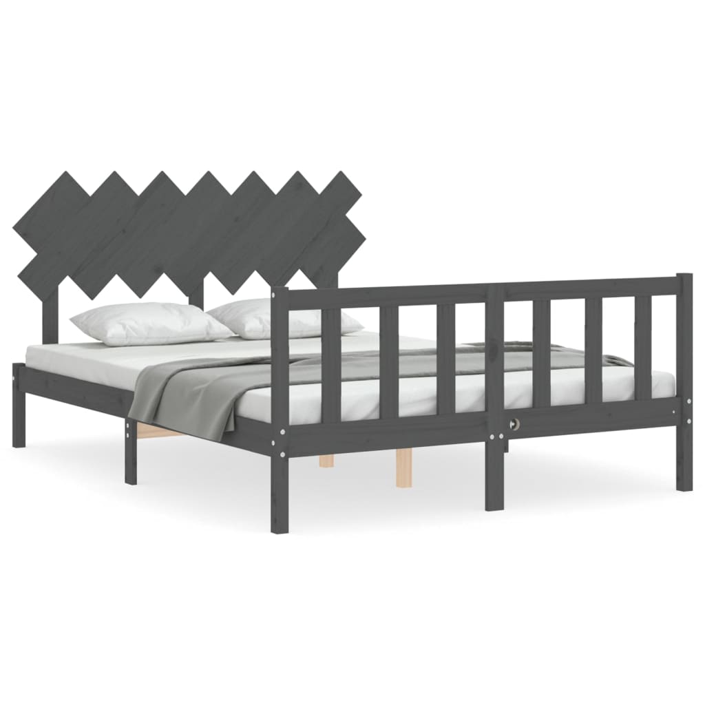 vidaXL Estructura de cama matrimonio con cabecero madera maciza gris