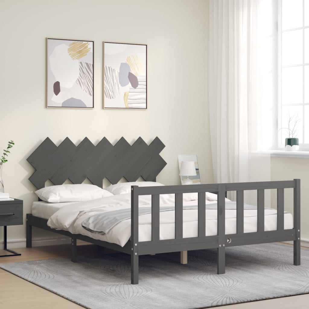 vidaXL Estructura de cama matrimonio con cabecero madera maciza gris