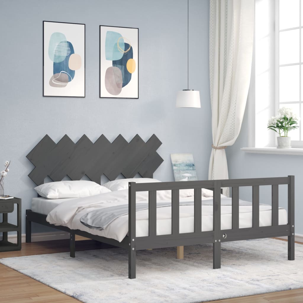 vidaXL Estructura de cama matrimonio con cabecero madera maciza gris