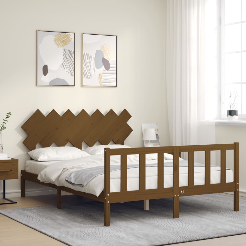 vidaXL Estructura de cama matrimonio con cabecero madera marrón miel