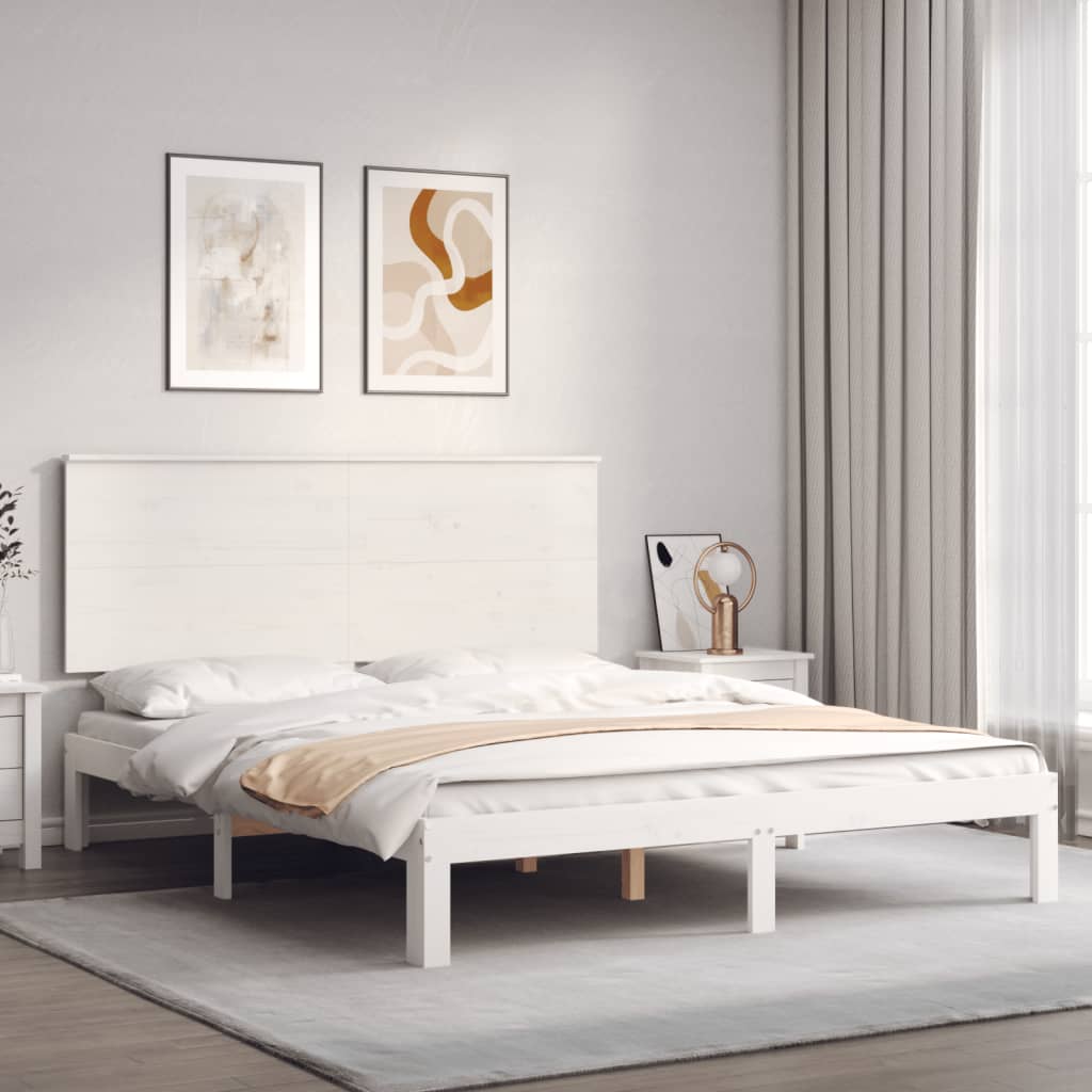 vidaXL Estructura de cama matrimonio con cabecero madera maciza blanco