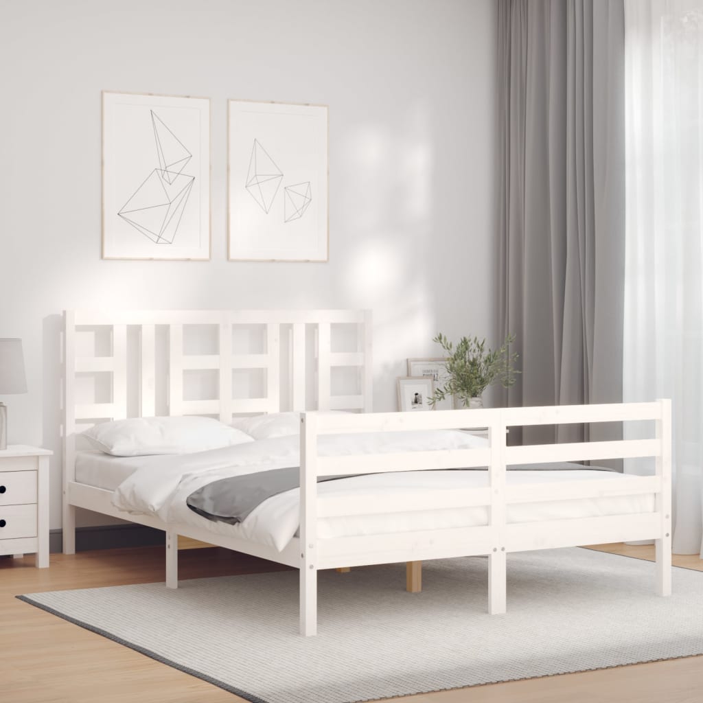 vidaXL Estructura de cama matrimonio con cabecero madera maciza blanco