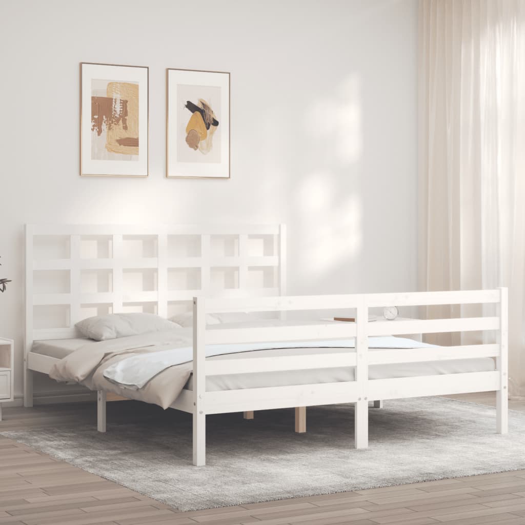 vidaXL Estructura de cama matrimonio con cabecero madera maciza blanco