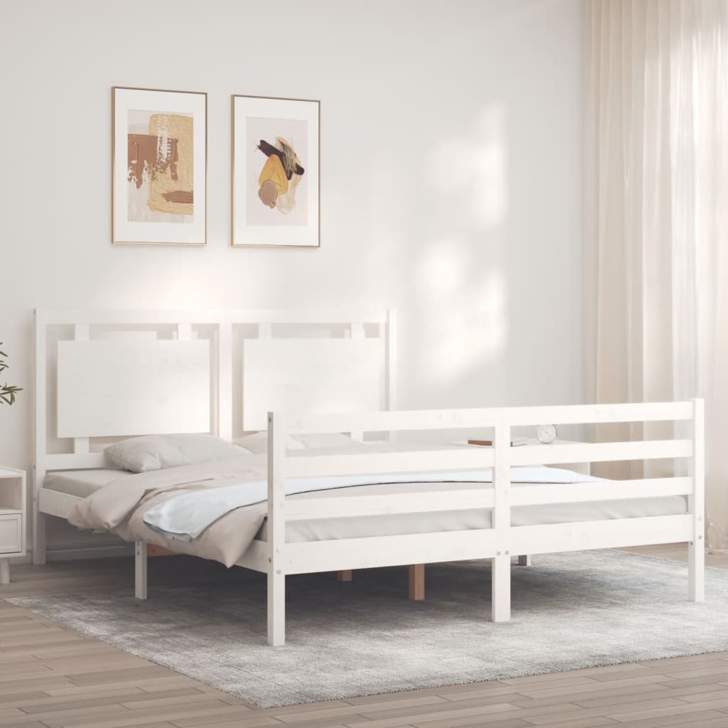 vidaXL Estructura de cama matrimonio con cabecero madera maciza blanco