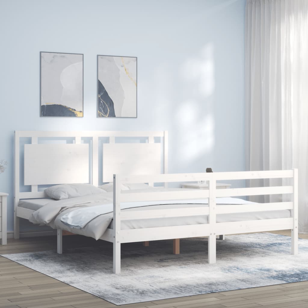 vidaXL Estructura de cama matrimonio con cabecero madera maciza blanco