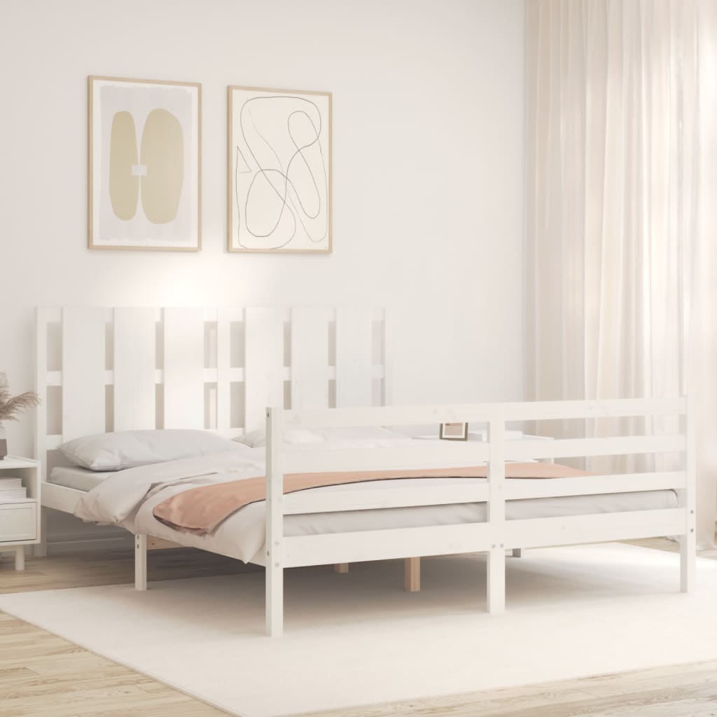 vidaXL Estructura de cama matrimonio con cabecero madera maciza blanco