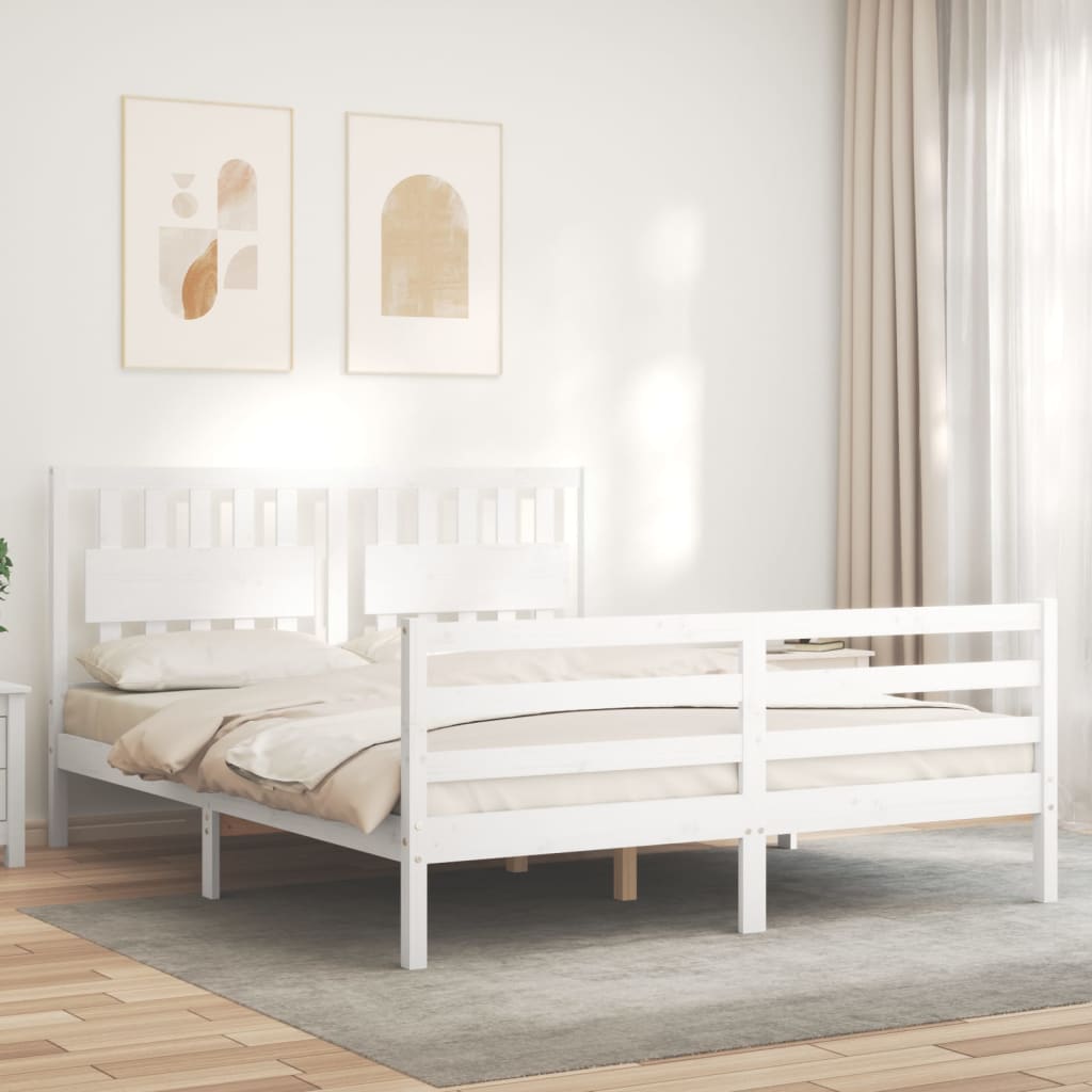 vidaXL Estructura de cama matrimonio con cabecero madera maciza blanco