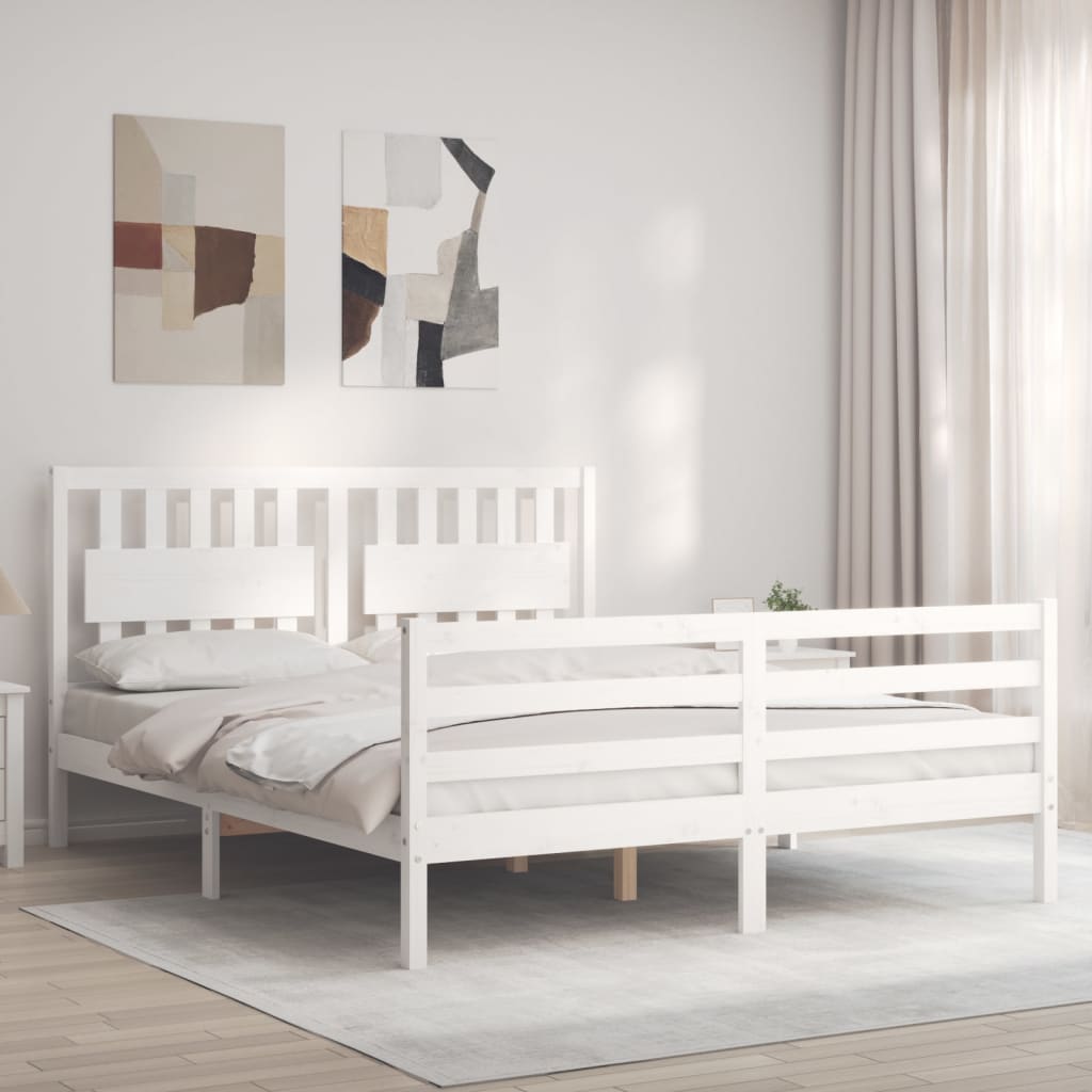 vidaXL Estructura de cama matrimonio con cabecero madera maciza blanco