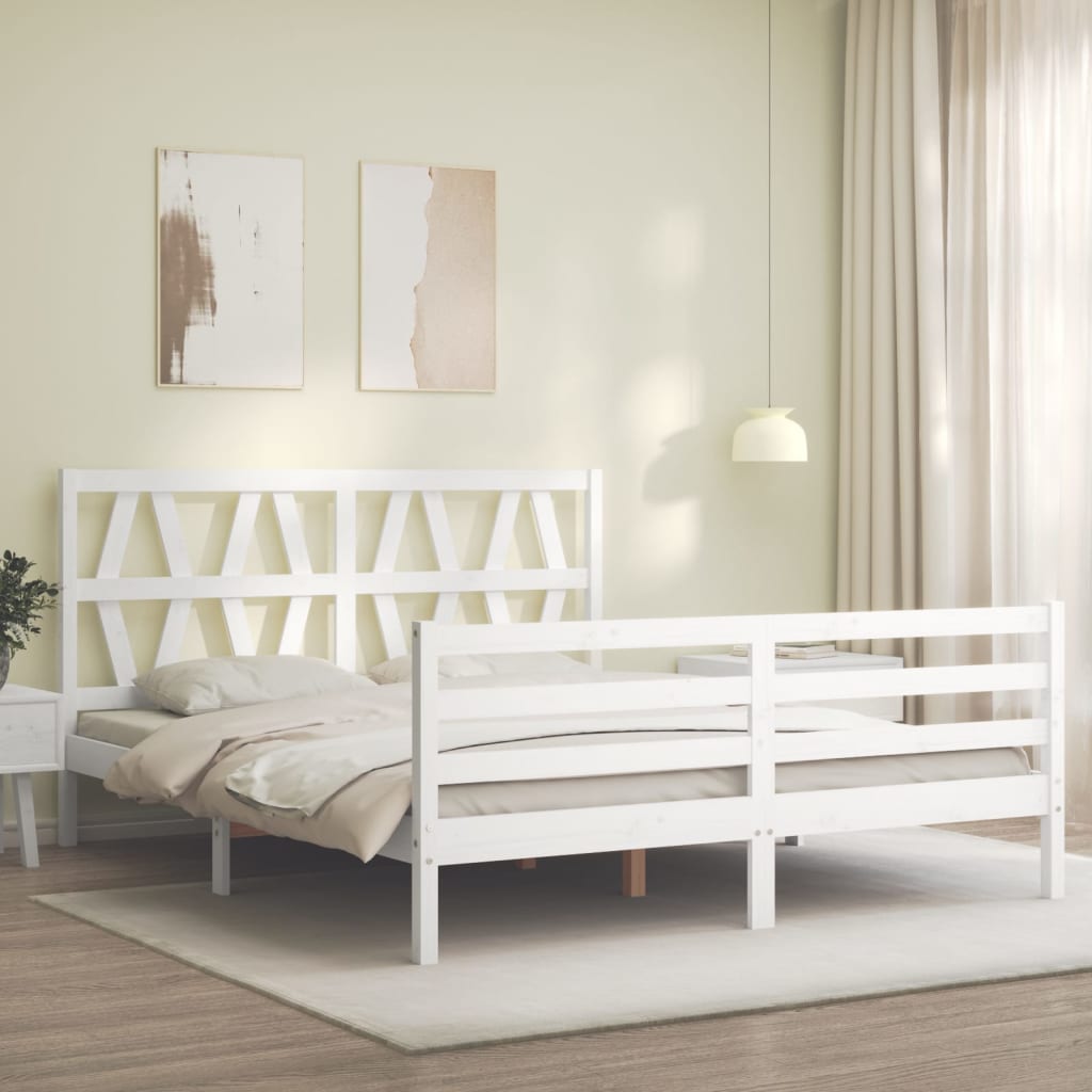 vidaXL Estructura de cama matrimonio con cabecero madera maciza blanco