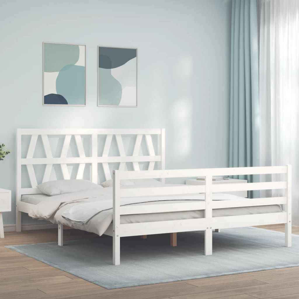 vidaXL Estructura de cama matrimonio con cabecero madera maciza blanco