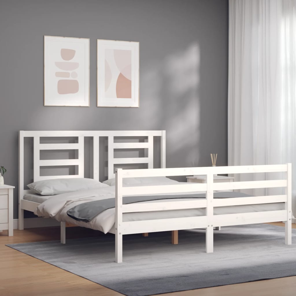 vidaXL Estructura de cama matrimonio con cabecero madera maciza blanco