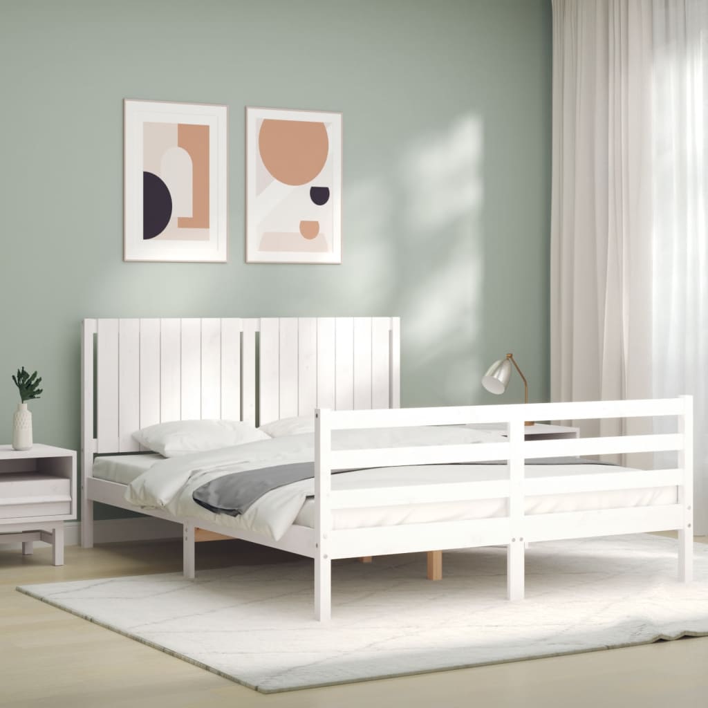 vidaXL Estructura de cama matrimonio con cabecero madera maciza blanco