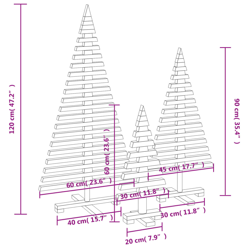 vidaXL Árboles de Navidad de madera 3 pzas madera maciza pino