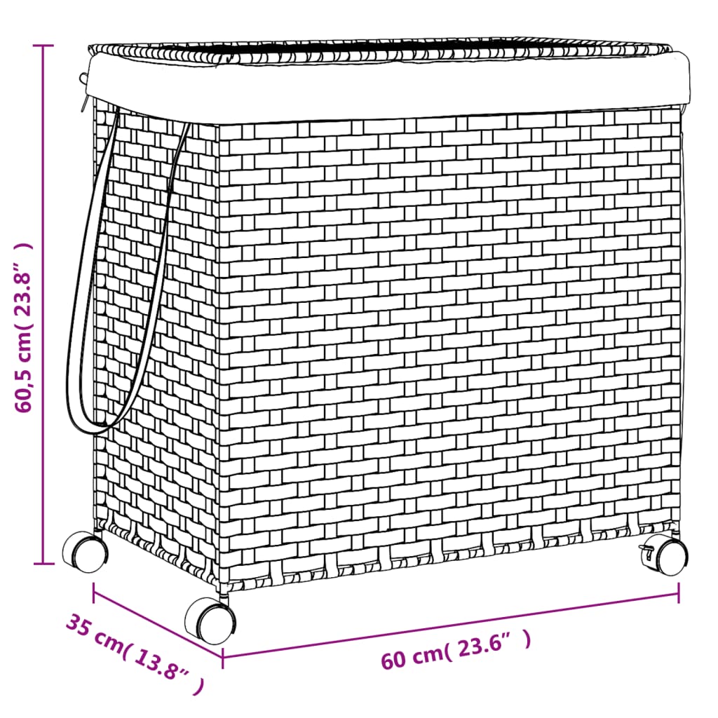 vidaXL Cesto de ropa sucia con ruedas ratán marrón oscuro 60x35x60,5cm