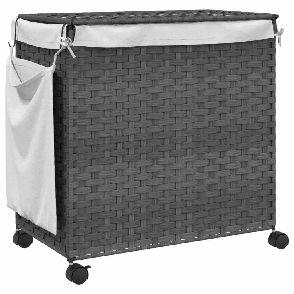 vidaXL Cesto para ropa sucia con ruedas ratán gris 60x35x60,5 cm